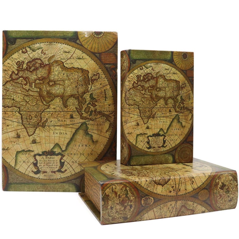 Jolitac Decorative Book Boxes World Map Pattern Antique Book Invisible box with Magnetic cover, Faux Wood Set of 3 Storage Set (Map) - Image 1